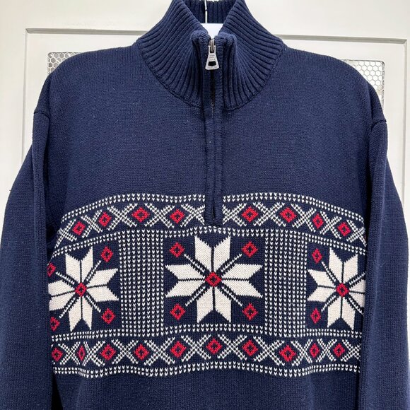 2000's Navy Blue Red White Snowflake Sweater Zipper 100% Cotton Natural Fibers - Picture 2 of 8